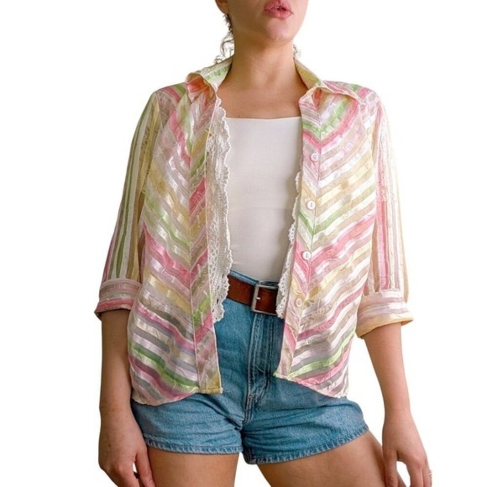 Vintage 90s Y2K Maximalist Pastel Rainbow Stripe Sheer Button Up Blouse
